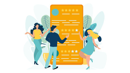 Online review or Feedback. People giving feedback, social network smartphone app for customers vector web banner. Flat vector illustration.のイラスト素材