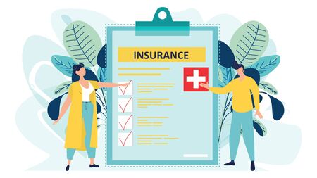 Health insurance concept. Big clipboard with document on it. Healthcare, finance and medical service. Isolated flat vector illustration in cartoon style.のイラスト素材