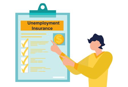 Unemployment insurance benefits in the coronavirus stimulus package. File a claim for Unemployment Insurance. Business man is looking on document on a clipboard paper. Flat Vector illustration.のイラスト素材