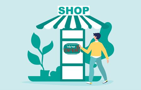 COVID 19. We're open. Man opens a shop after quarantine, lockdown. Economic recovery after coronavirus. Flat vector illustration in a cartoon style.のイラスト素材