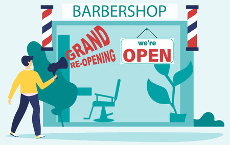 COVID 19. We're open. Grand re-opening. Man opens a barbershop after quarantine, lockdown. Economic recovery after coronavirus. Hair Salons, Barbershops Could Reopen. Vector illustration, flat style.のイラスト素材