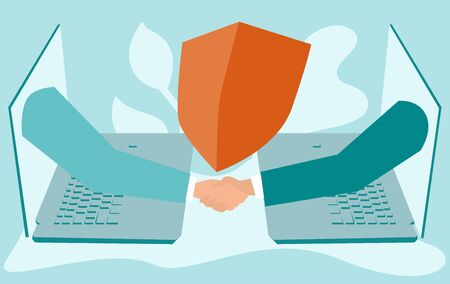Handshake and shield. Handshake of businessmen through laptop screens. Secure transactions in the network. The signing of a major financial transaction via internet. Business concept. Flat vector.のイラスト素材