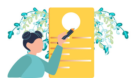 Hiring and recruitment. Happy woman representation of resume. Woman or girl writing test with paper and pen. Joyful recruiter female review cv applicant. HR manager. Flat vector illustration.のイラスト素材