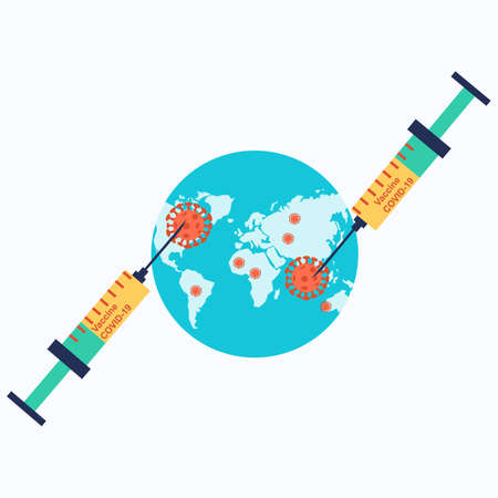 Planet earth with red coronavirus COVID-19 pathogen around. Vaccine syringe. Coronavirus vaccine. Covid-19 injection. 2019-ncov vaccine medicine. Medical vial for injection. Flat vector illustration.のイラスト素材