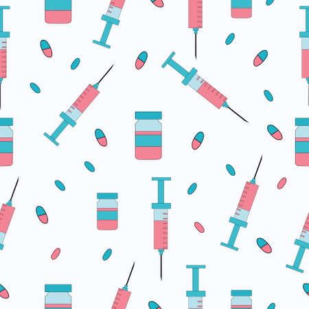 Medical laboratory equipment Seamless pattern. Syringe and vials. Tablets, drugs and pearl. Vaccine. Header for medicine, science or pharmacy design. Simple doodle health care pattern. Flat vector.のイラスト素材