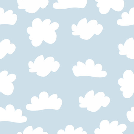 Seamless childish pattern with cute clouds on Blue background in Scandinavian style. Baby pattern with clouds. Vector illustration in cartoon style.のイラスト素材