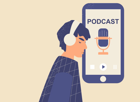 Cute male teenager or Handsome young Man in headphones with Phone Choosing or Listening Podcasts in...