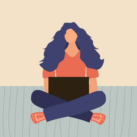 Woman with a laptop sits on the carpet and works. Freelancer or student. Home office concept. Woman working or studying from home. Cute vector illustration in a flat style.のイラスト素材