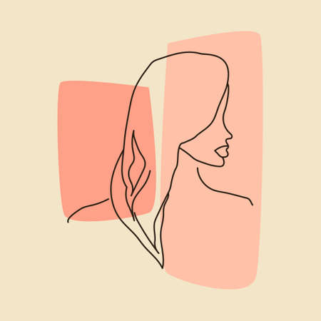 Hand drawn outline Contemporary portrait of woman with pale sample trendy colors. Diversity concept. Vector design for art gallery, wall art poster, canvas prints, minimal interior design.のイラスト素材