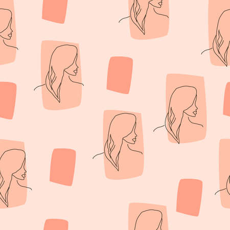 Modern abstract face. Contemporary female silhouette. Vector Seamless pattern with trendy abstract woman face. Hand drawn outline trendy illustration for wrapping paper, textile print, cover, fabric.のイラスト素材
