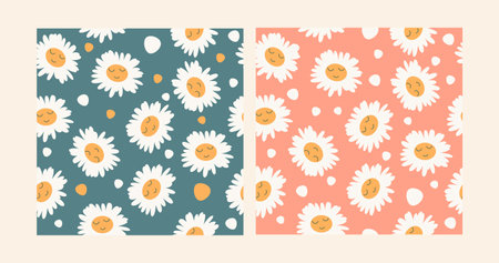 Set of two Seamless Patterns with Chamomile with cute faces. Various hand drawn Meadow flowering plant. Abstract Trendy design in Cartoon style. Vector illustration for kids, paper, cover and fabric.のイラスト素材