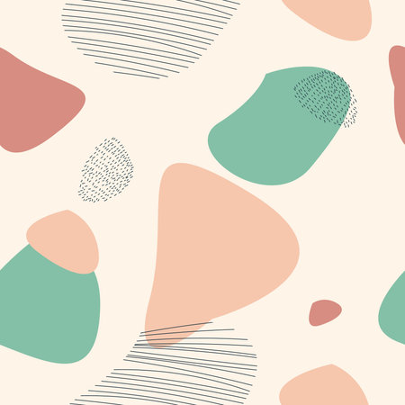 Trendy minimalist seamless pattern with hand drawn various shapes and doodle objects. Abstract...