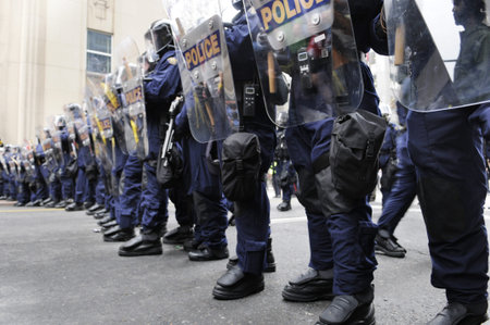 TORONTO-JUNE 26: Toronto Riot Police forming a blockade on King-Bay street during the G20 Protest on...