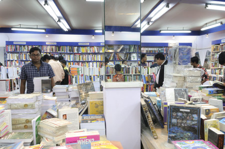 KOLKATA- FEBRUARY 4: A unique mirrored interior of a book stall during the 2011 Kolkata Book Fair in...
