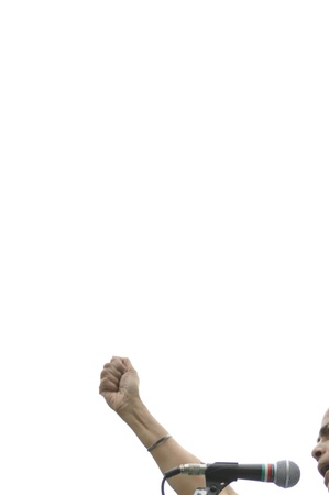 KOLKATA - FEBRUARY 20: Indian Railways minister Ms. Mamata Banerjee gesturing a sign of solidarity during a political rally in Kolkata, India on February 20, 2011.のeditorial素材