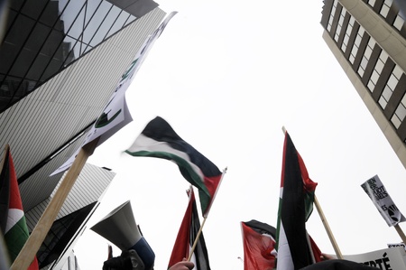 TORONTO - JANUARY 10: Palestine flags flying during a rally to condemn the Israel occupation on Gaza on January 10 2009 in Toronto, Canada.のeditorial素材