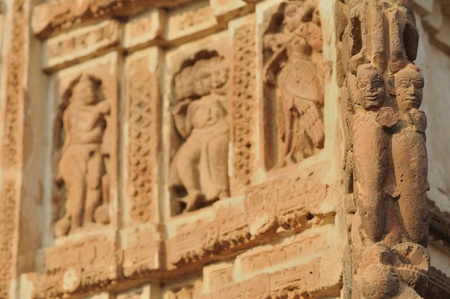 The Radha Gobinodo temple in Jaydev -Kenduli in Birbhum District of the West Bengal State in India has exquisite terracotta carvings  This part of the temple shows two warriors のeditorial素材