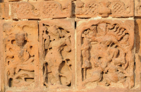 The Radha Gobinodo temple in Jaydev -Kenduli in Birbhum District of the West Bengal State in India has exquisite terracotta carvings  This part of the temple shows Hindu deities のeditorial素材