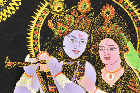 A panted image of Hindu God Krishna and Hindu Goddesses Radha のeditorial素材
