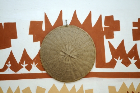 Sculpture on ancient indian village walls の写真素材