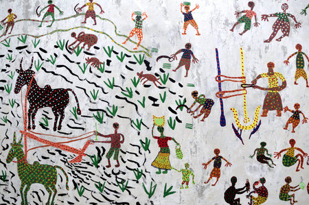 Painted wall duplicating vintage art in Indian villages のeditorial素材