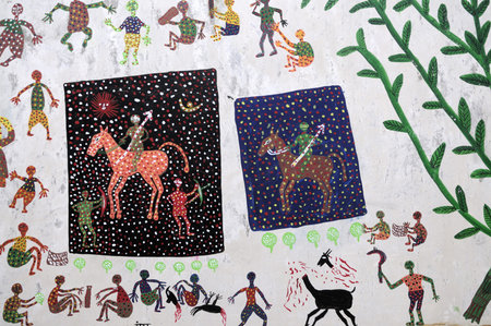 Painted wall duplicating vintage art in Indian villages のeditorial素材