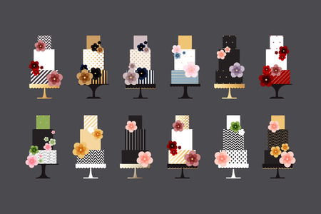 set of three-level wedding cakes; design elements for greeting cards, invitations (including wedding, birthday, anniversary or similar event), pastry or bakery branding; vector illustrationのイラスト素材