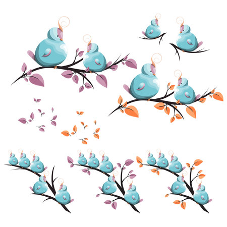 cute birds with topknot on a tree branch; design elements: home, children's room, wall decor, for greeting cards, book illustration, fabric pattern, kid's clothes, apparel print; vector, hand drawnのイラスト素材