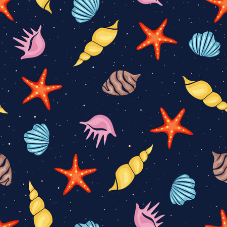Summer sea seamless pattern with various sea shells on dark backgroundのイラスト素材