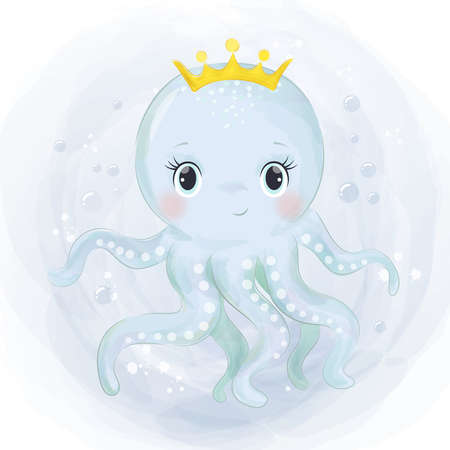 cute queen octopus illustration in watercolorのイラスト素材
