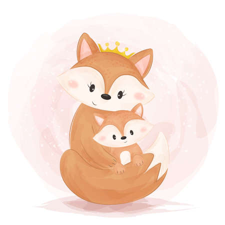 cute fox motherhood illustration in watercolorのイラスト素材