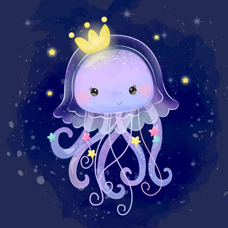 Cute jellyfish illustration in watercolor style. Adorable nursery art decoration. Ocean creatures illustration.のイラスト素材