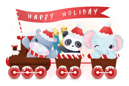 Cute animals in watercolor effect with with winter holiday themeのイラスト素材