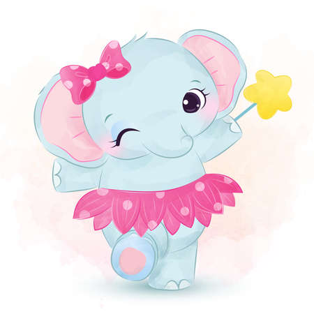 cute dancing elephant illustration in watercolor effect great for baby shower decoration and children prints.のイラスト素材