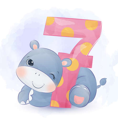 Cute baby hippo numbering illustrationのイラスト素材