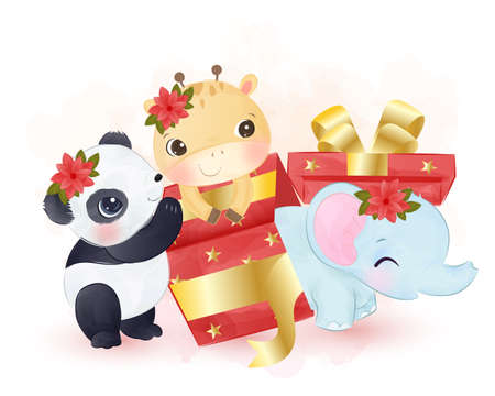 Cute elephant, giraffe and panda playing with the gift box. Christmas illustration.のイラスト素材