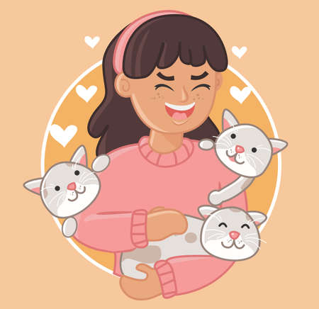 Happy animals owners cartoon characters. Fit for posters, cards etc.のイラスト素材