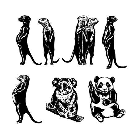 hand drawn vector sketch silhouette linear illustration of collection of animalsのイラスト素材