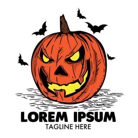 Creepy pumpkin vector illustration with flying bat, good for tshirt design haloween eventのイラスト素材