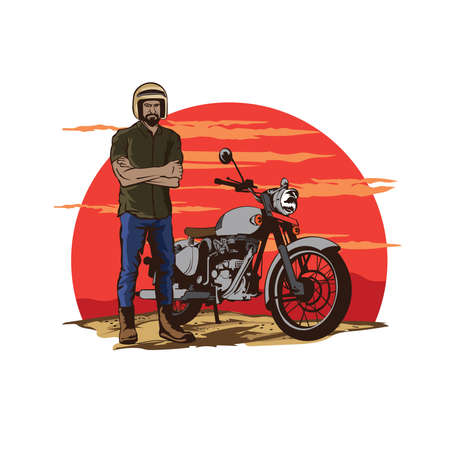 A man with a motorcycle, great for biker community logo and tshirt designのイラスト素材