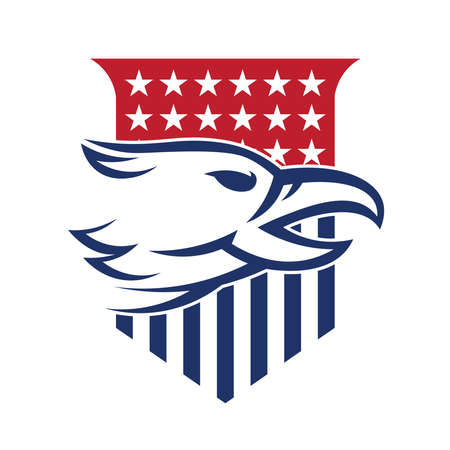 Eagle Head with american flag shield and geometric vector design, good for tshirt, badge, emblem, club logo designのイラスト素材