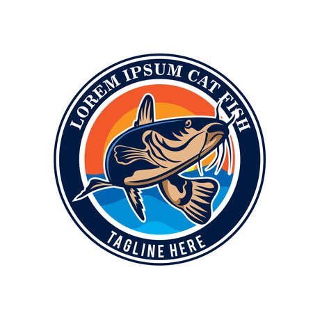 Catfish vector illustration in badge design style, perfect for tshirt design and fishing club logoのイラスト素材