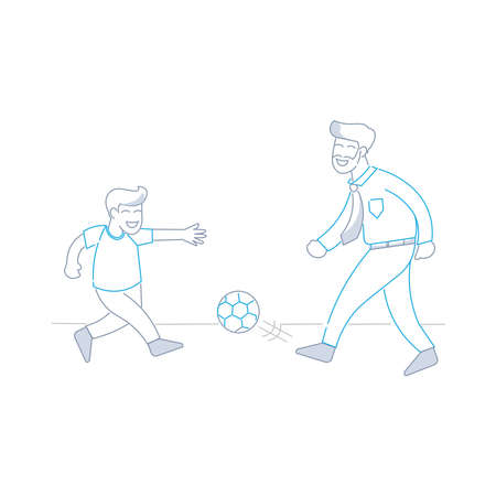 a father playing sports with his son after he got home from work in line draw icon styleのイラスト素材