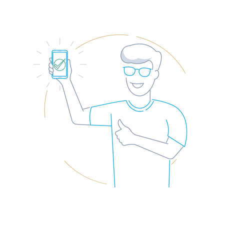 a man holding a phone with a big green checkmark on the screen in line draw style iconのイラスト素材