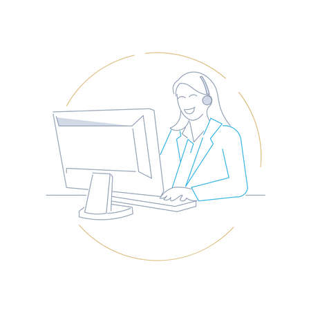 a help desk person on the computer with a customer in line draw style iconのイラスト素材