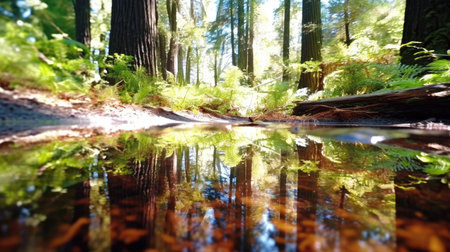 forest reflection in the water with sun rays and bokeh effectの素材
