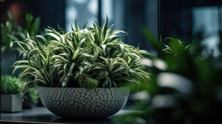 Green plant in a pot on a black table. Home decoration.の素材