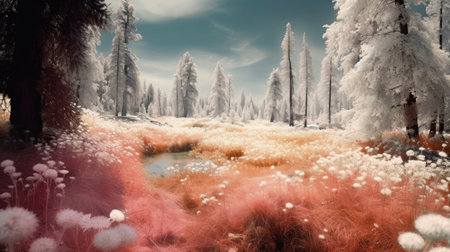 Fantasy winter landscape with snow covered trees. 3d illustration.の素材