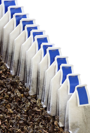 raw tea and teabagの写真素材