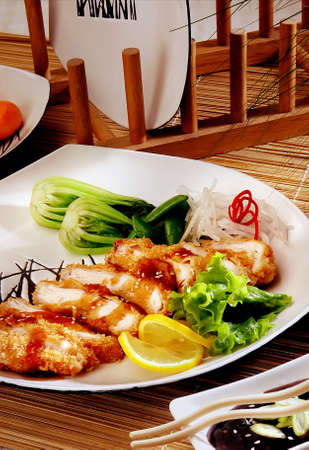 chicken slice on  plateの写真素材